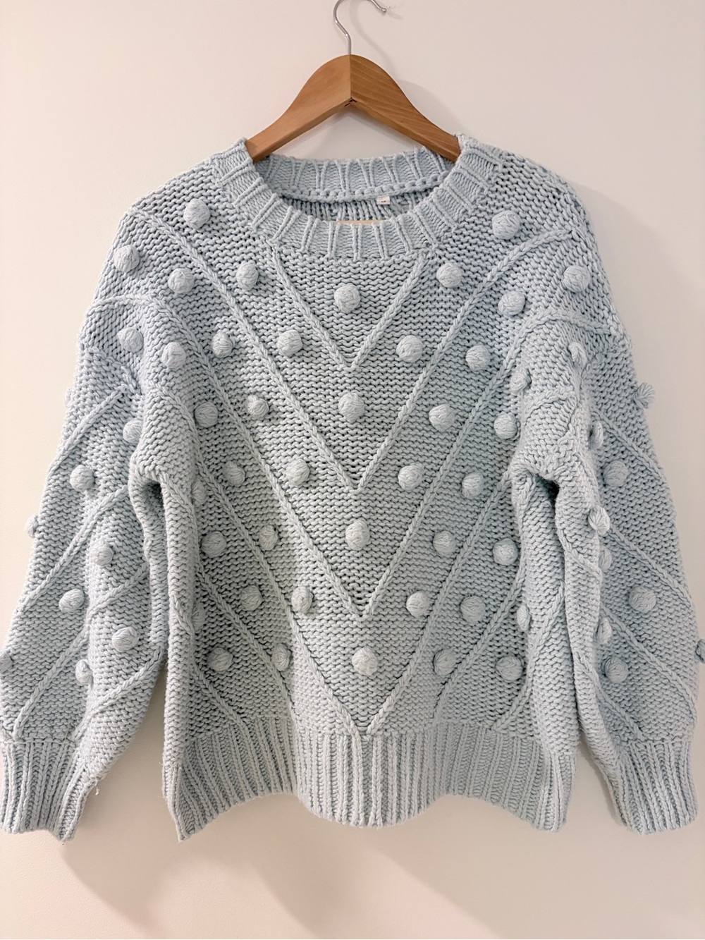 Pale Blue Chunky Knit Bobble Pullover Sweater